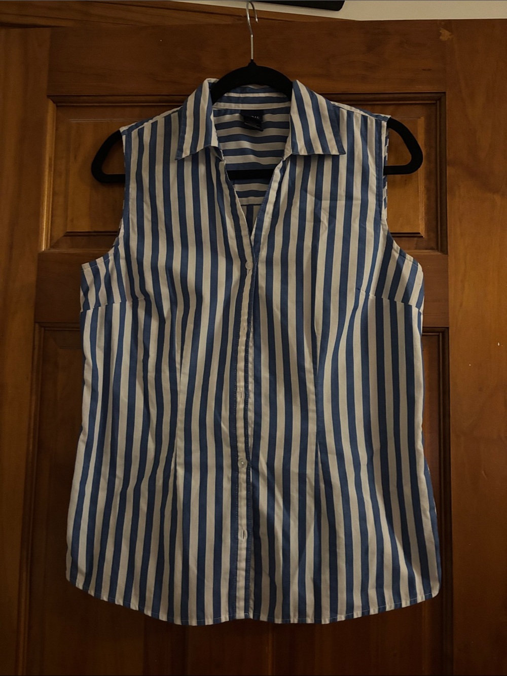 Basic Editions Blue and White Vertical Stripe Sleeveless Button-Down Shirt